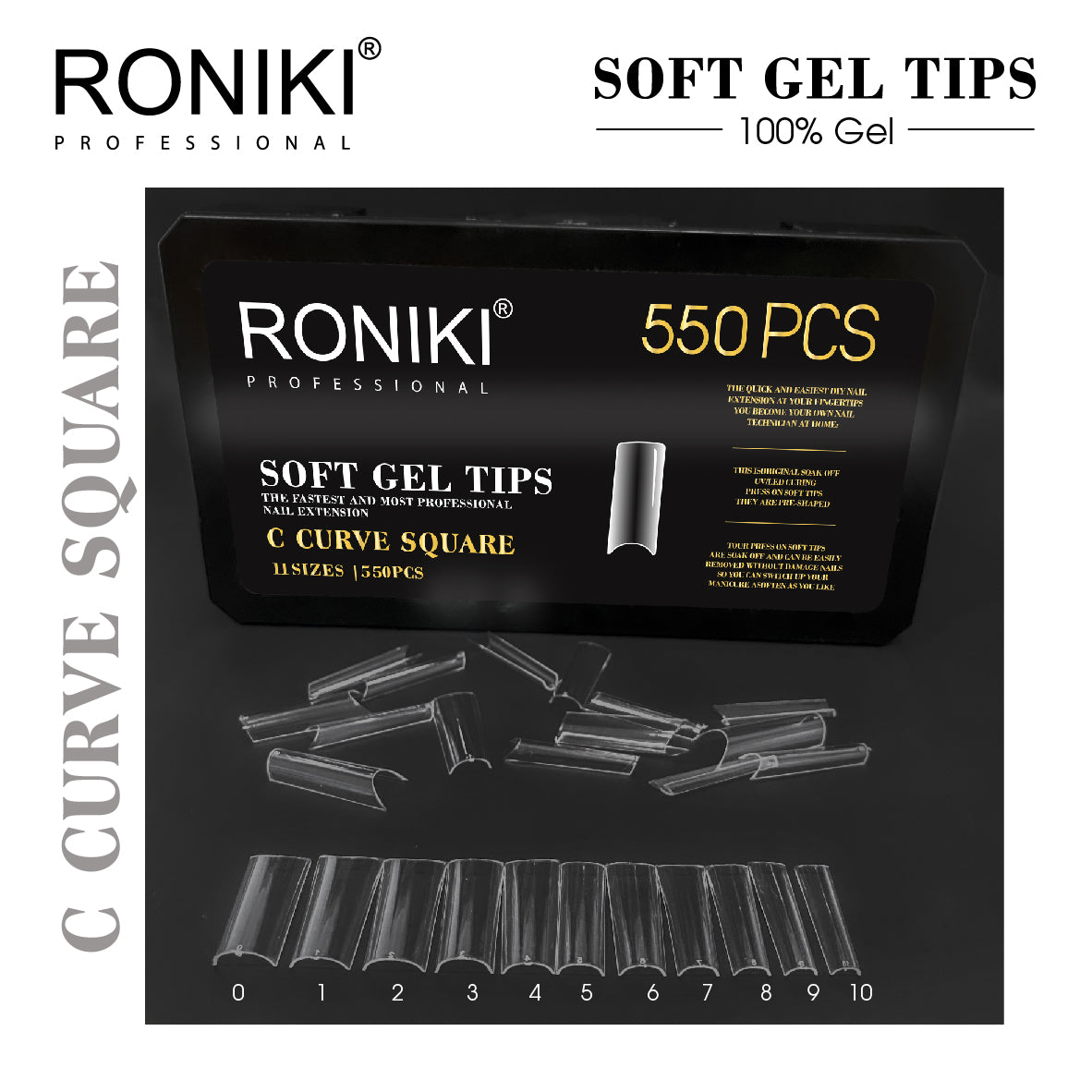 Roniki Soft Gel Tips Curvatura C Square 600uds