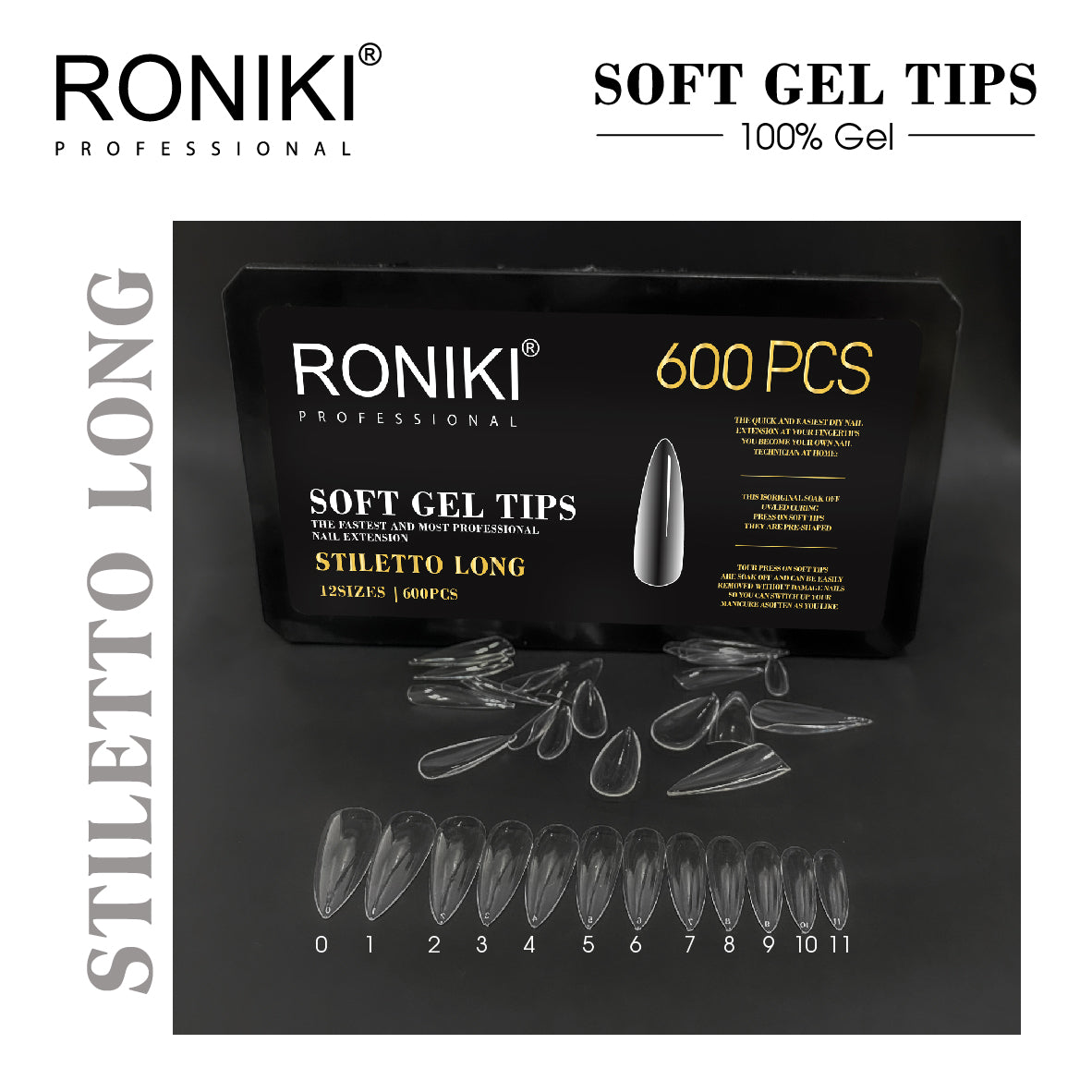 Roniki Soft Gel Tips Stiletto Long Gel 600uds