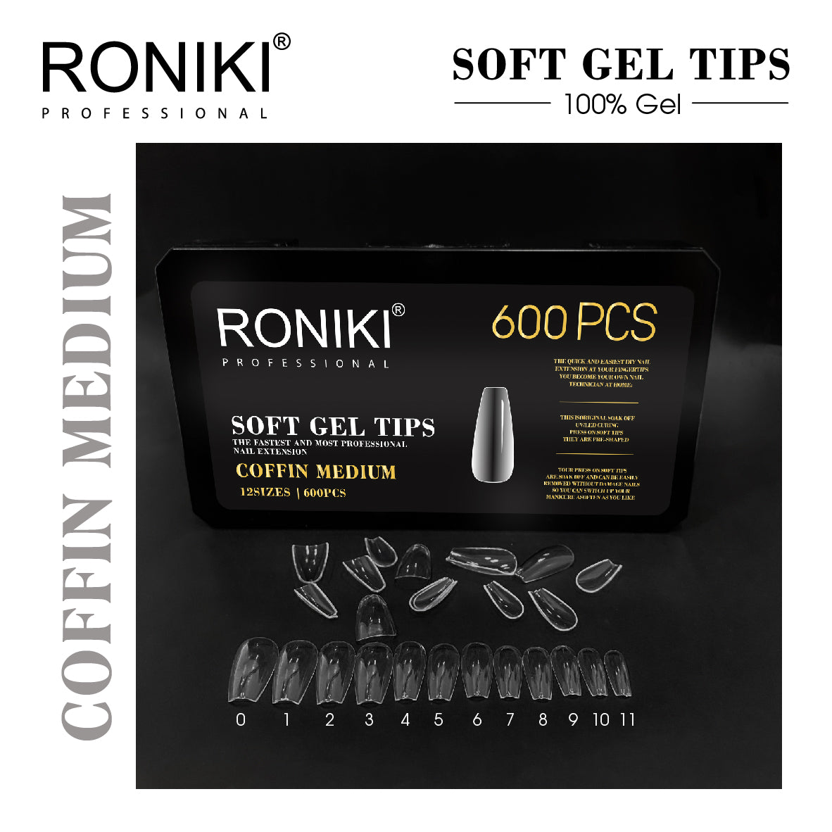 Roniki Soft Gel Tips Coffin Medium Gel 600uds