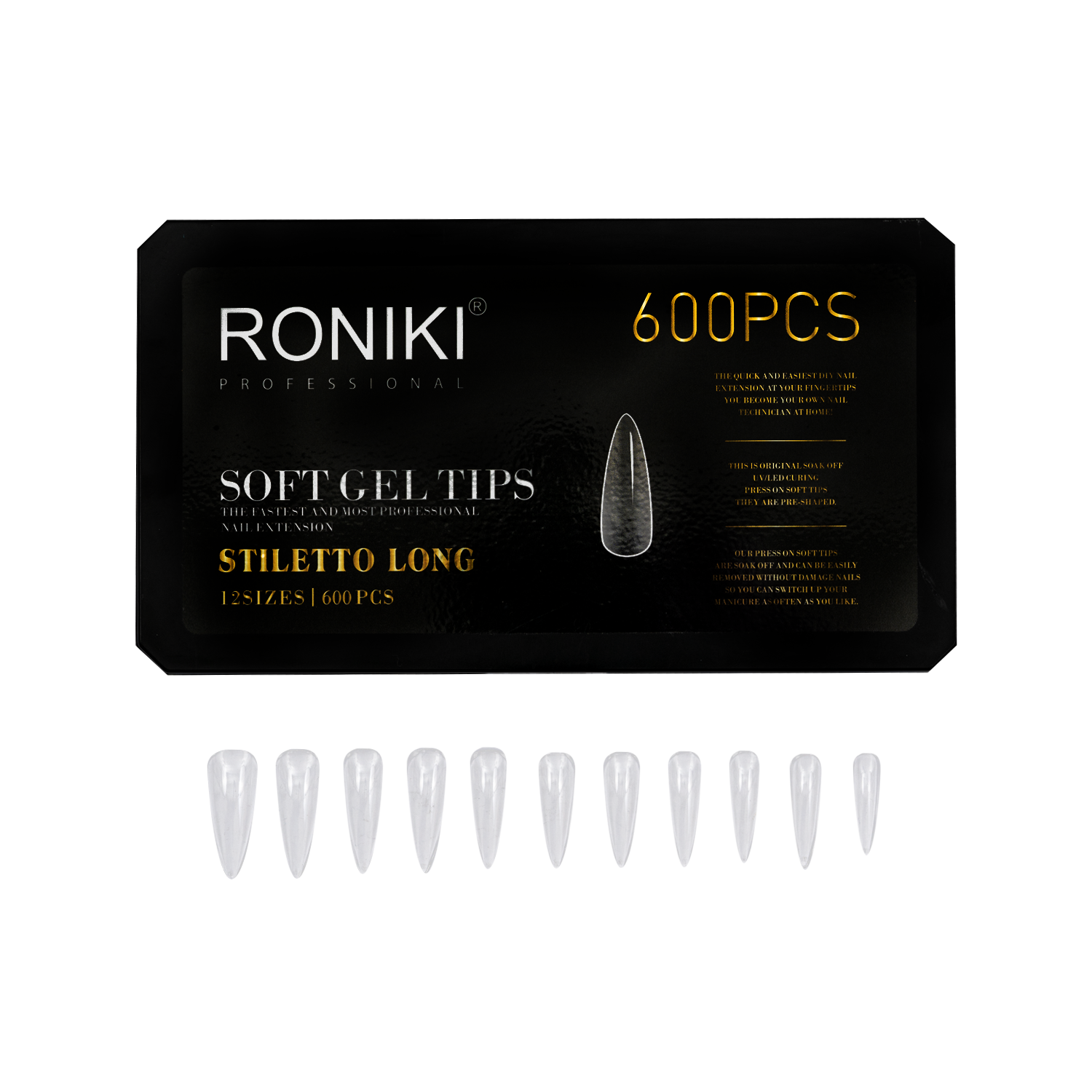 Roniki Soft Gel Tips Stiletto Long Gel 600uds